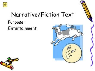 Narrative/Fiction Text 
Purpose: 
Entertainment 
 