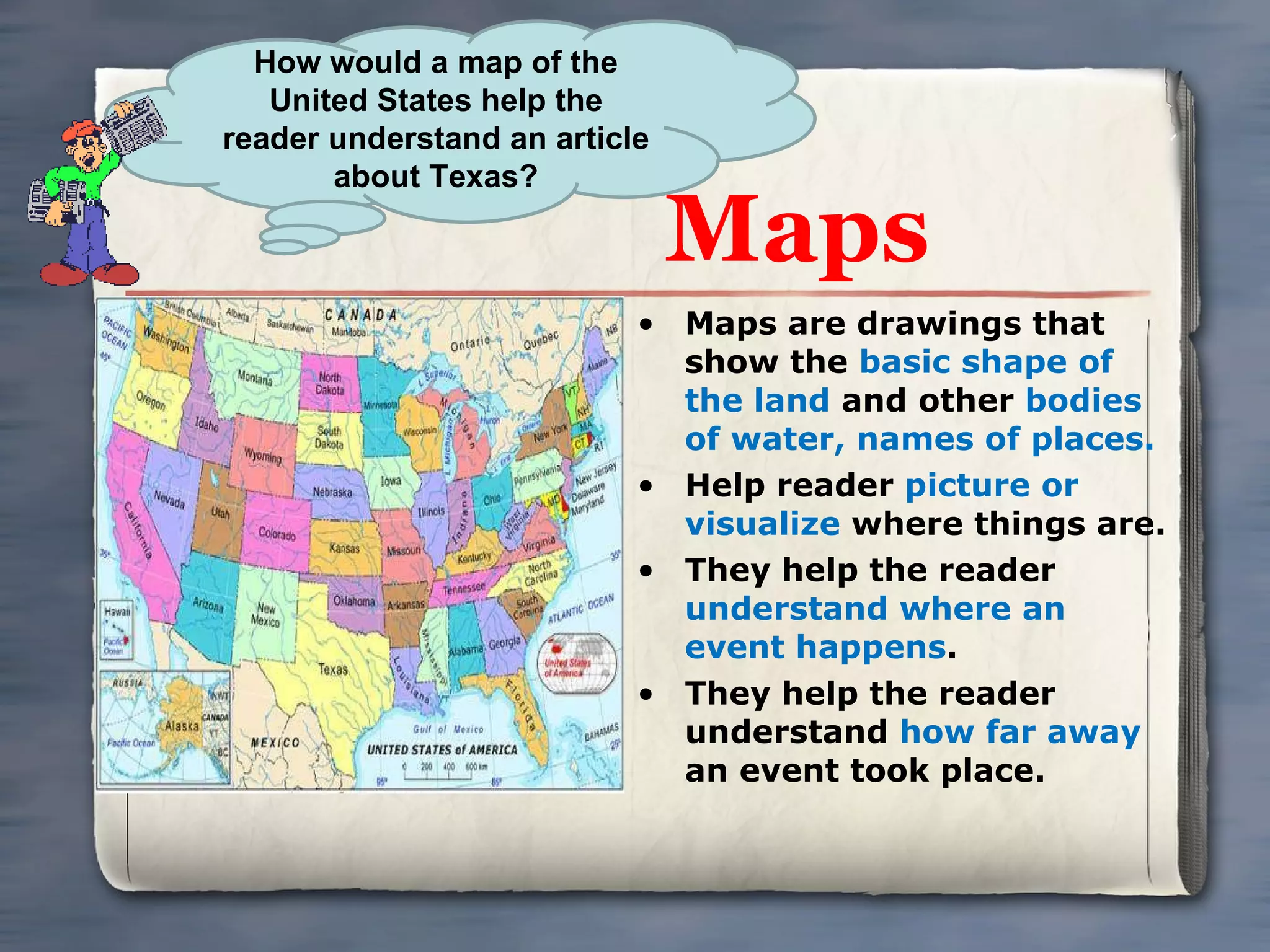 Maps Maps are drawings that show the  basic shape of the land  and other  bodies of water, names of places. Help reader  picture or visualize  where things are. They help the reader  understand where an event happens . They help the reader understand  how far away  an event took place. How would a map of the United States help the reader understand an article about Texas? 