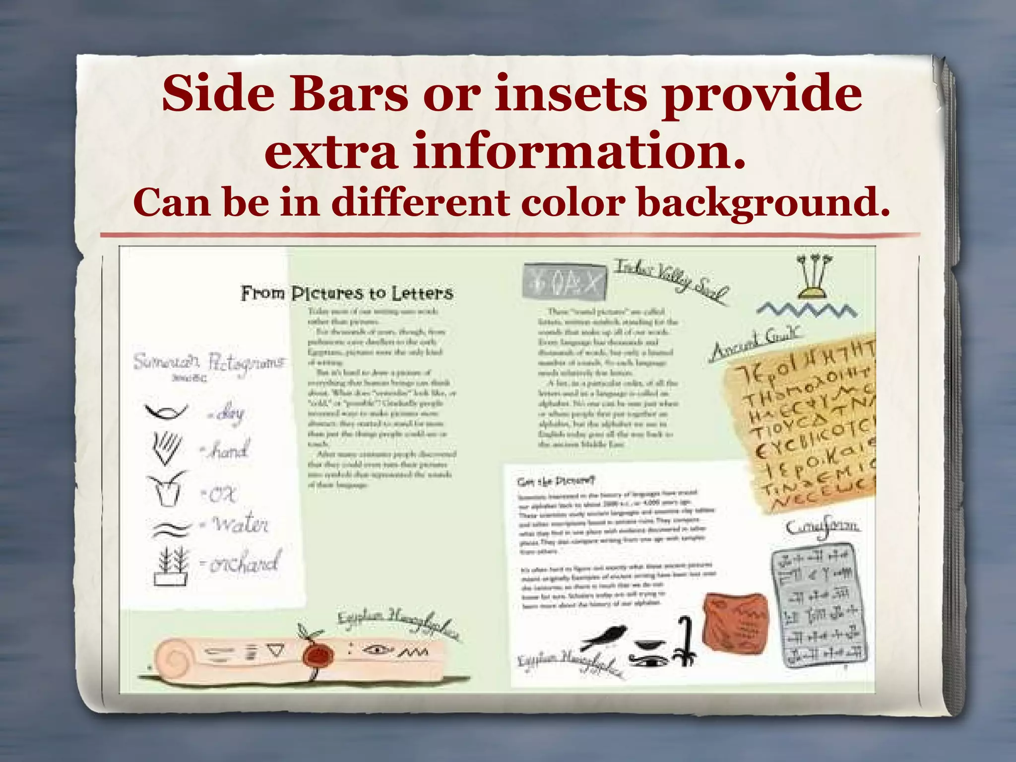 Side Bars or insets provide extra information.  Can be in different color background. 