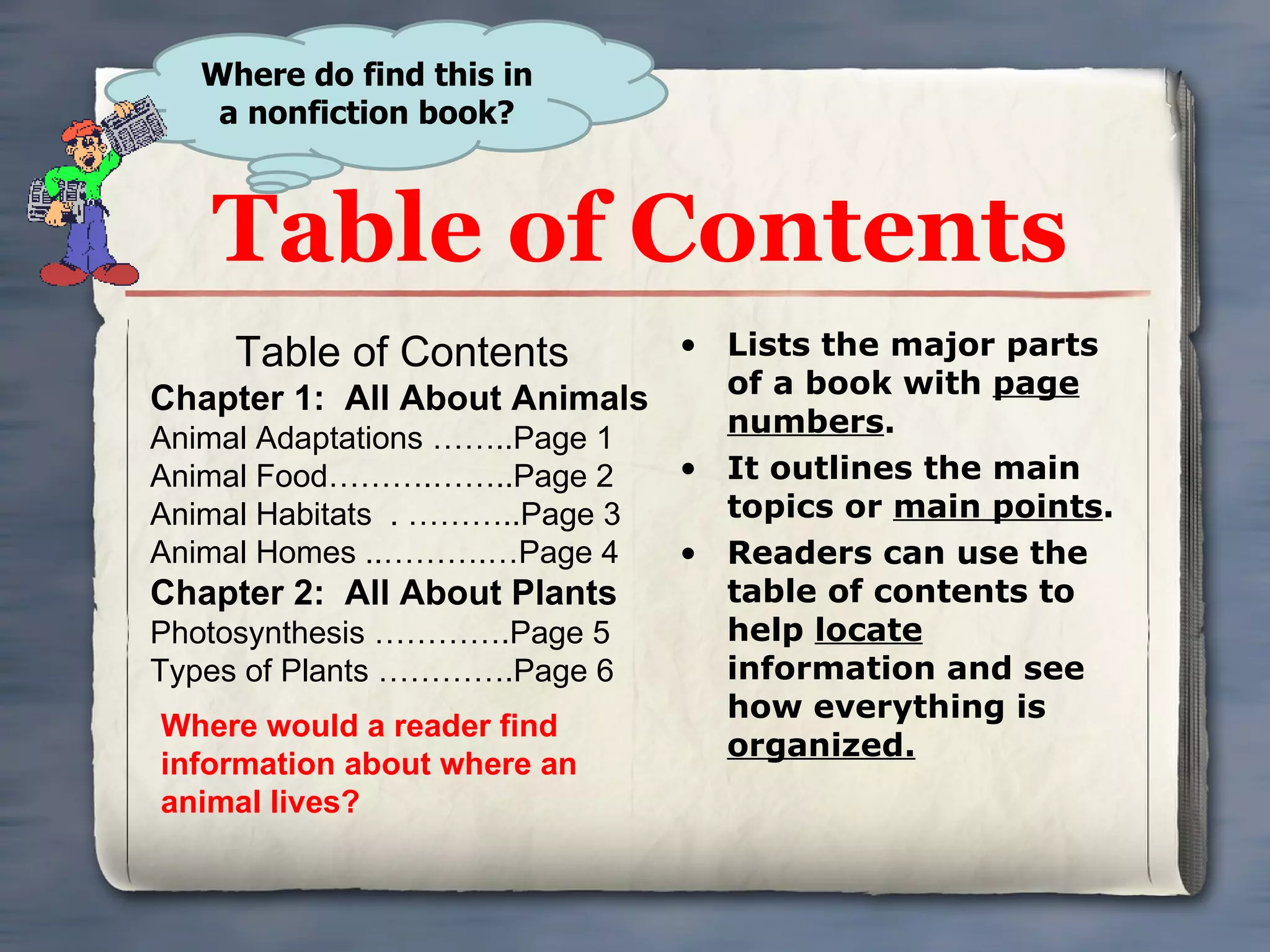 Table of Contents Lists the major parts of a book with  page numbers . It outlines the main topics or  main points . Readers can use the table of contents to help  locate  information and see how everything is  organized. Where do find this in a nonfiction book? Table of Contents Chapter 1:  All About Animals Animal Adaptations ……..Page 1 Animal Food……….……..Page 2 Animal Habitats  . ………..Page 3 Animal Homes ..……….…Page 4 Chapter 2:  All About Plants Photosynthesis ………….Page 5 Types of Plants ………….Page 6 Where would a reader find information about where an animal lives? 