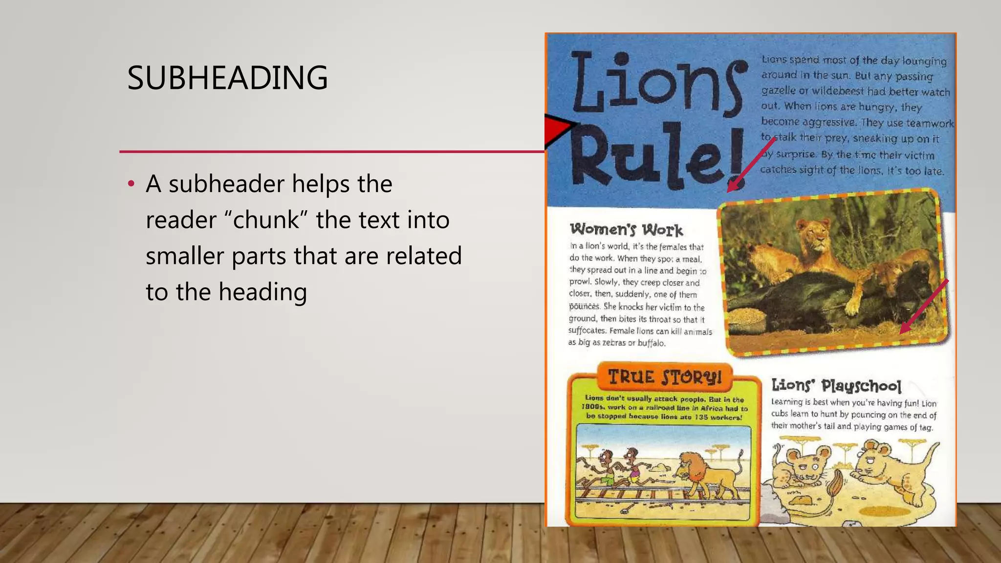 SUBHEADING
• A subheader helps the
reader “chunk” the text into
smaller parts that are related
to the heading
 