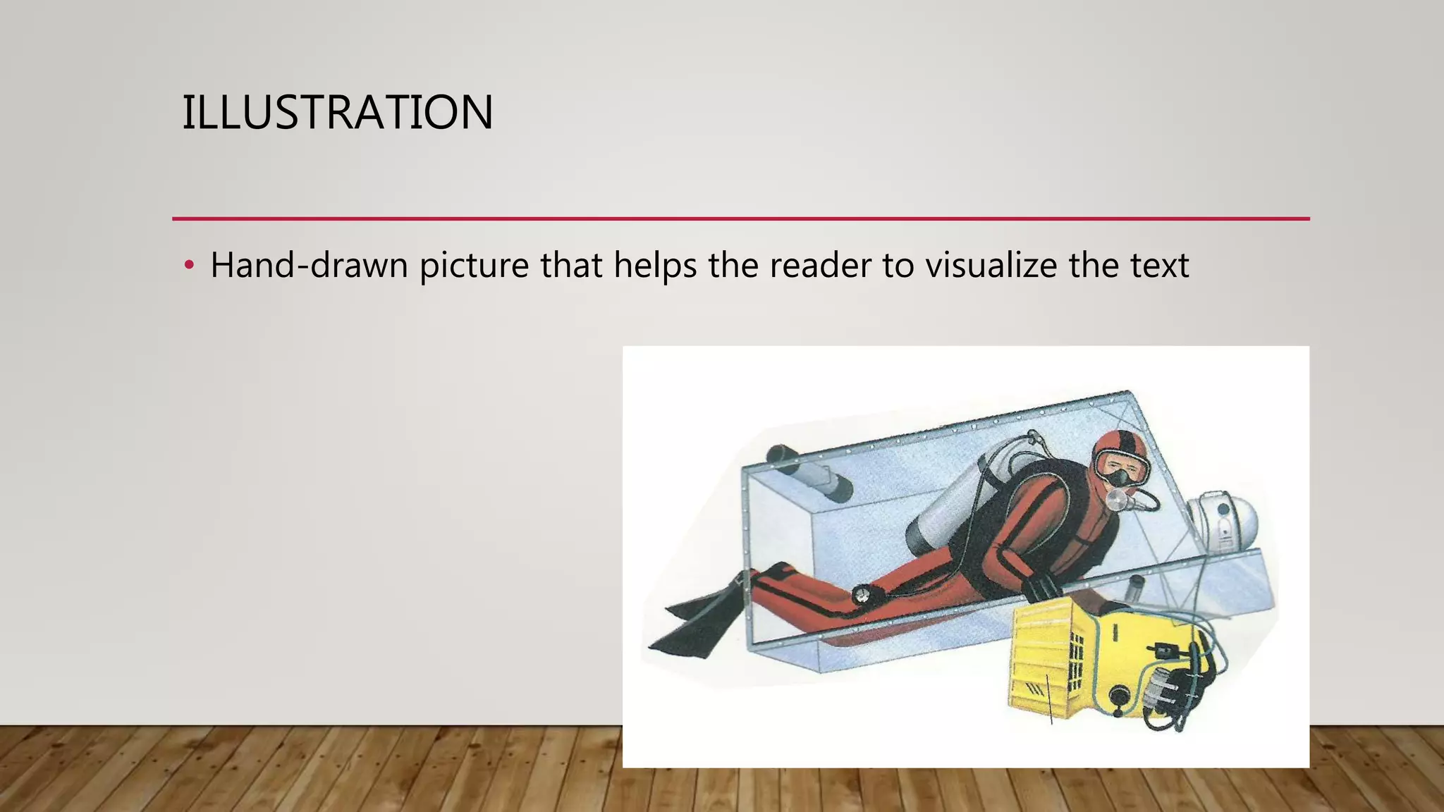 ILLUSTRATION
• Hand-drawn picture that helps the reader to visualize the text
 