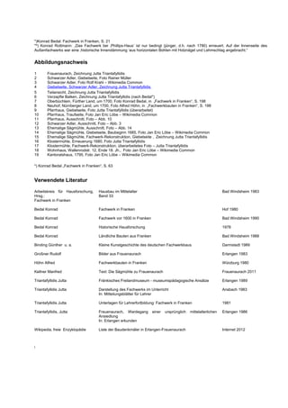 *)Konrad Bedal: Fachwerk in Franken, S. 21
*²) Konrad Rottmann: „Das Fachwerk bei ‚Phillips-Haus‘ ist nur bedingt (jünger, d.h. nach 1780) erneuert. Auf der Innenseite des
Außenfachwerks war eine ‚historische Innendämmung ‘aus horizontalen Bohlen mit Holznägel und Lehmschlag angebracht.“


Abbildungsnachweis

1       Frauenaurach, Zeichnung Jutta Triantafyllidis
2       Schwarzer Adler, Giebelseite, Foto Rainer Müller
3       Schwarzer Adler, Foto Rolf Krahl – Wikimedia Common
4       Giebelseite, Schwarzer Adler, Zeichnung Jutta Triantafyllidis
5       Teilansicht, Zeichnung Jutta Triantafyllidis
6       Verzapfte Balken, Zeichnung Jutta Triantafyllidis (nach Bedal*)
7       Oberbüchlein, Fürther Land, um 1700, Foto Konrad Bedal, in „Fachwerk in Franken“, S. 198
8       Neuhof, Nürnberger Land, um 1700, Foto Alfred Höhn, in „Fachwerkbauten in Franken“, S. 198
9       Pfarrhaus, Giebelseite, Foto Jutta Triantafyllidis (überarbeitet)
10      Pfarrhaus, Traufseite, Foto Jan Eric Löbe – Wikimedia Common
11      Pfarrhaus, Ausschnitt, Foto – Abb. 10
12      Schwarzer Adler, Ausschnitt, Foto – Abb. 3
13      Ehemalige Sägmühle, Ausschnitt, Foto – Abb. 14
14      Ehemalige Sägmühle, Giebelseite, Baubeginn 1685, Foto Jan Eric Löbe – Wikimedia Common
15      Ehemalige Sägmühle, Fachwerk-Rekonstruktion, Giebelseite , Zeichnung Jutta Triantafyllidis
16      Klostermühle, Erneuerung 1680, Foto Jutta Triantafyllidis
17      Klostermühle, Fachwerk-Rekonstruktion, überarbeitetes Foto – Jutta Triantafyllidis
18      Wohnhaus, Wallenrodstr. 12, Ende 18. Jh., Foto Jan Eric Löbe – Wikimedia Common
19      Kantoratshaus, 1795, Foto Jan Eric Löbe – Wikimedia Common

*) Konrad Bedal „Fachwerk in Franken“, S. 63


Verwendete Literatur

Arbeitskreis für Hausforschung,     Hausbau im Mittelalter                                                    Bad Windsheim 1983
Hrsg.:                              Band 33
Fachwerk in Franken

Bedal Konrad                        Fachwerk in Franken                                                       Hof 1980

Bedal Konrad                        Fachwerk vor 1600 in Franken                                              Bad Windsheim 1990

Bedal Konrad                        Historische Hausforschung                                                 1978

Bedal Konrad                        Ländliche Bauten aus Franken                                              Bad Windsheim 1988

Binding Günther u. a.               Kleine Kunstgeschichte des deutschen Fachwerkbaus                         Darmstadt 1989

Großner Rudolf                      Bilder aus Frauenaurach                                                   Erlangen 1983

Höhn Alfred                         Fachwerkbauten in Franken                                                 Würzburg 1980

Kellner Manfred                     Text: Die Sägmühle zu Frauenaurach                                        Frauenaurach 2011

Triantafyllidis Jutta               Fränkisches Freilandmuseum - museumspädagogische Ansätze                  Erlangen 1989

Triantafyllidis Jutta               Darstellung des Fachwerks im Unterricht                                   Ansbach 1983
                                    In: Mitteilungsblätter für Lehrer

Triantafyllidis Jutta               Unterlagen für Lehrerfortbildung: Fachwerk in Franken                     1981

Triantafyllidis, Jutta              Frauenaurach, Werdegang        einer   ursprünglich   mittelalterlichen   Erlangen 1986
                                    Ansiedlung
                                    In: Erlangen erkunden

Wikipedia, freie Enzyklopädie       Liste der Baudenkmäler in Erlangen-Frauenaurach                           Internet 2012



i
 