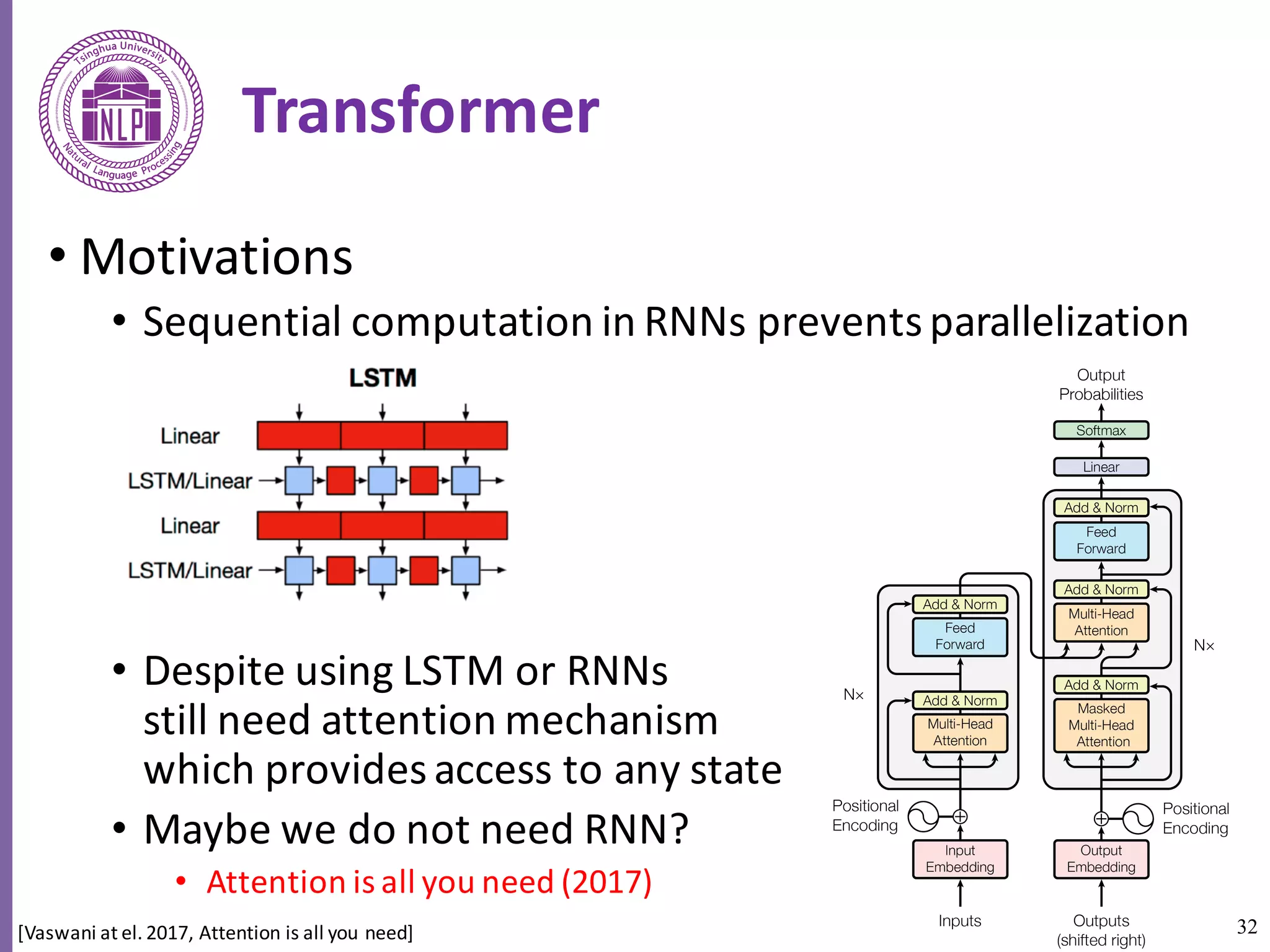 32
Transformer
• Motivations
• Sequential	computation	in	RNNs	prevents	parallelization
• Despite	using	LSTM	or	RNNs	
still	need	attention	mechanism	
which	provides	access	to	any	state
• Maybe	we	do	not	need	RNN?
• Attention	is	all	you	need	(2017)
[Vaswani at	el.	2017,	Attention	is	all	you	need]
 