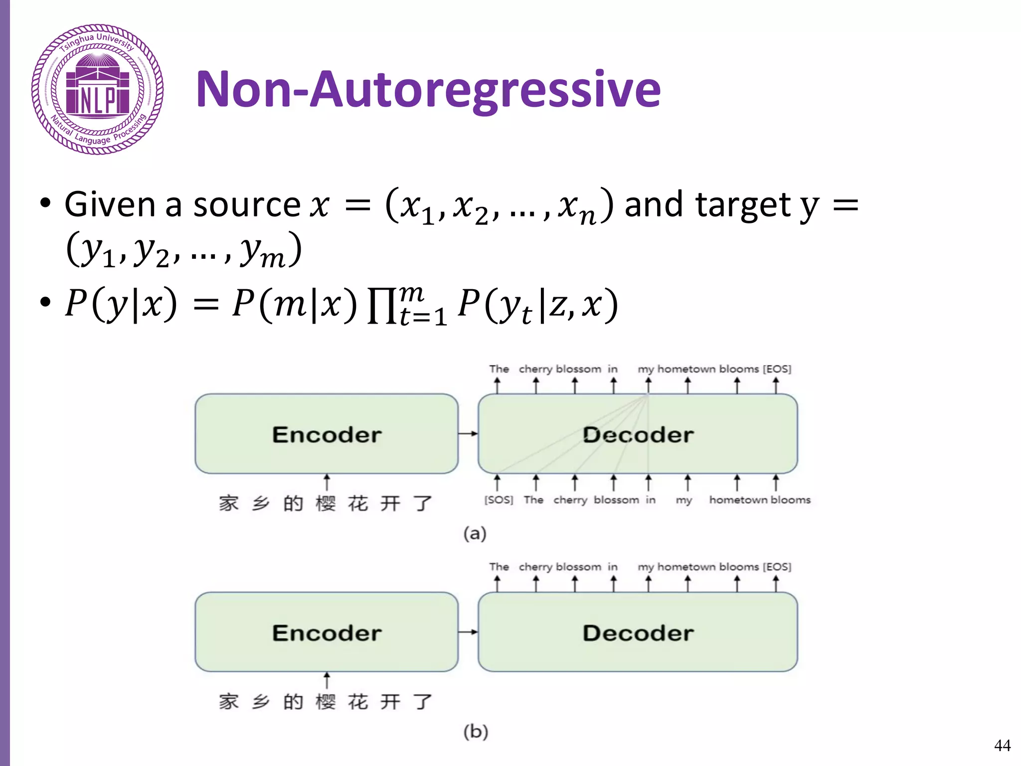 44
Non-Autoregressive
• Given	a	source	𝑥 = 𝑥6, 𝑥8, … , 𝑥a and	target	y =
(𝑦6, 𝑦8, … , 𝑦c)
• 𝑃 𝑦 𝑥 = 𝑃(𝑚|𝑥) ∏ 𝑃(𝑦5|𝑧, 𝑥)c
5h6
 