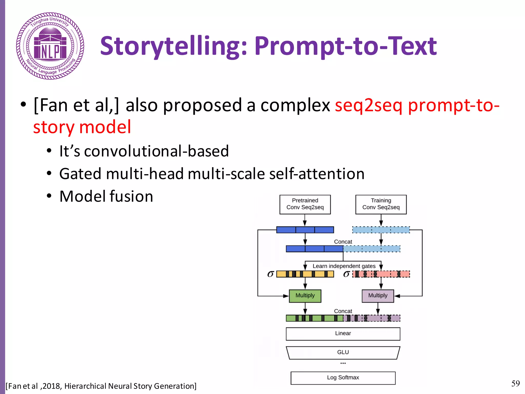 59
Storytelling:	Prompt-to-Text
• [Fan	et	al,]	also	proposed	a	complex	seq2seq	prompt-to-
story	model
• It’s	convolutional-based	
• Gated	multi-head	multi-scale	self-attention	
• Model	fusion
[Fan	et	al	,2018,	Hierarchical	Neural	Story	Generation]
 