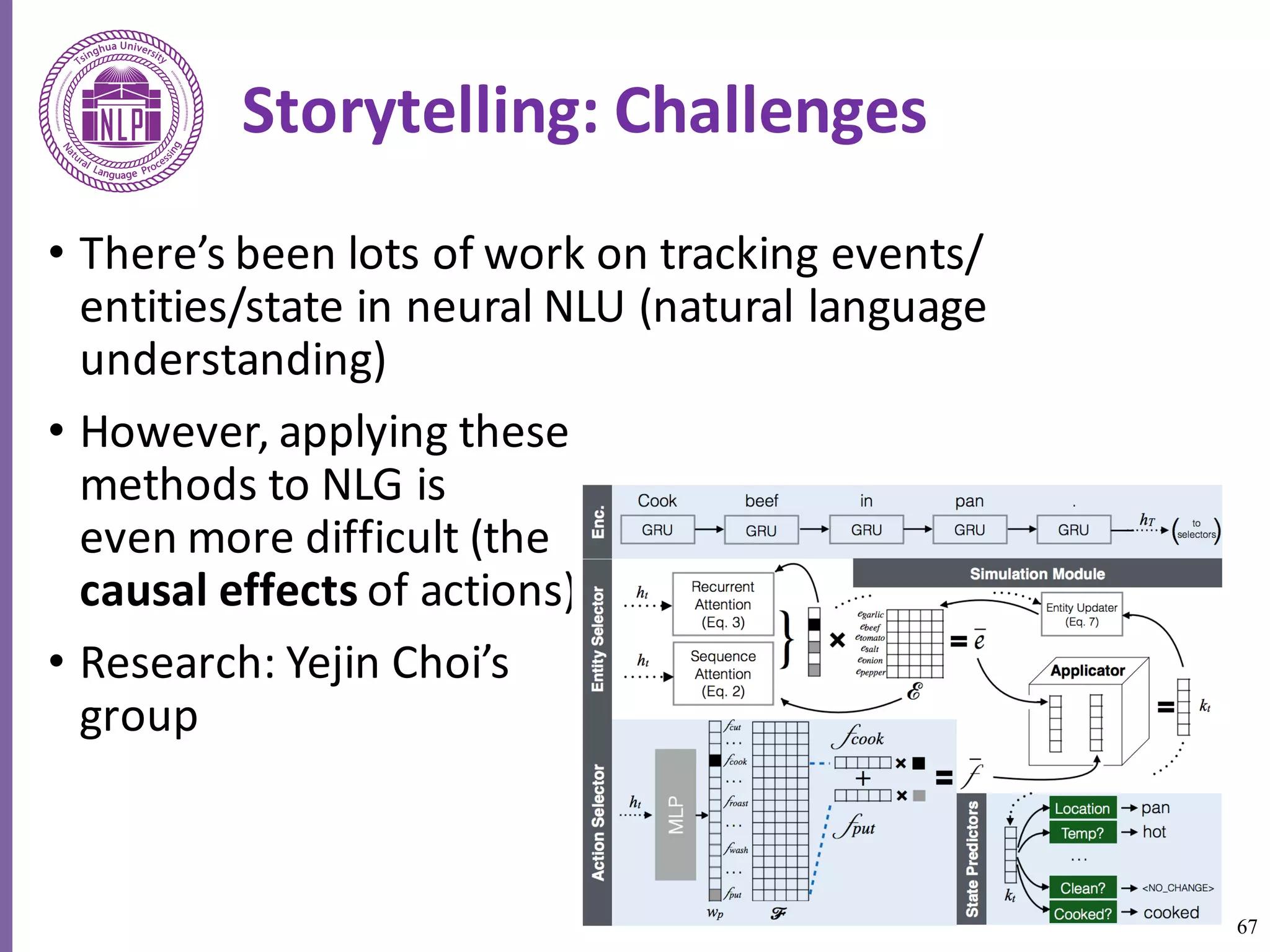 67
Storytelling:	Challenges	
• There’s	been	lots	of	work	on	tracking	events/	
entities/state	in	neural	NLU	(natural	language	
understanding)	
• However,	applying	these
methods	to	NLG	is	
even	more	difficult	(the	
causal	effects of	actions)	
• Research:	Yejin Choi’s	
group
 