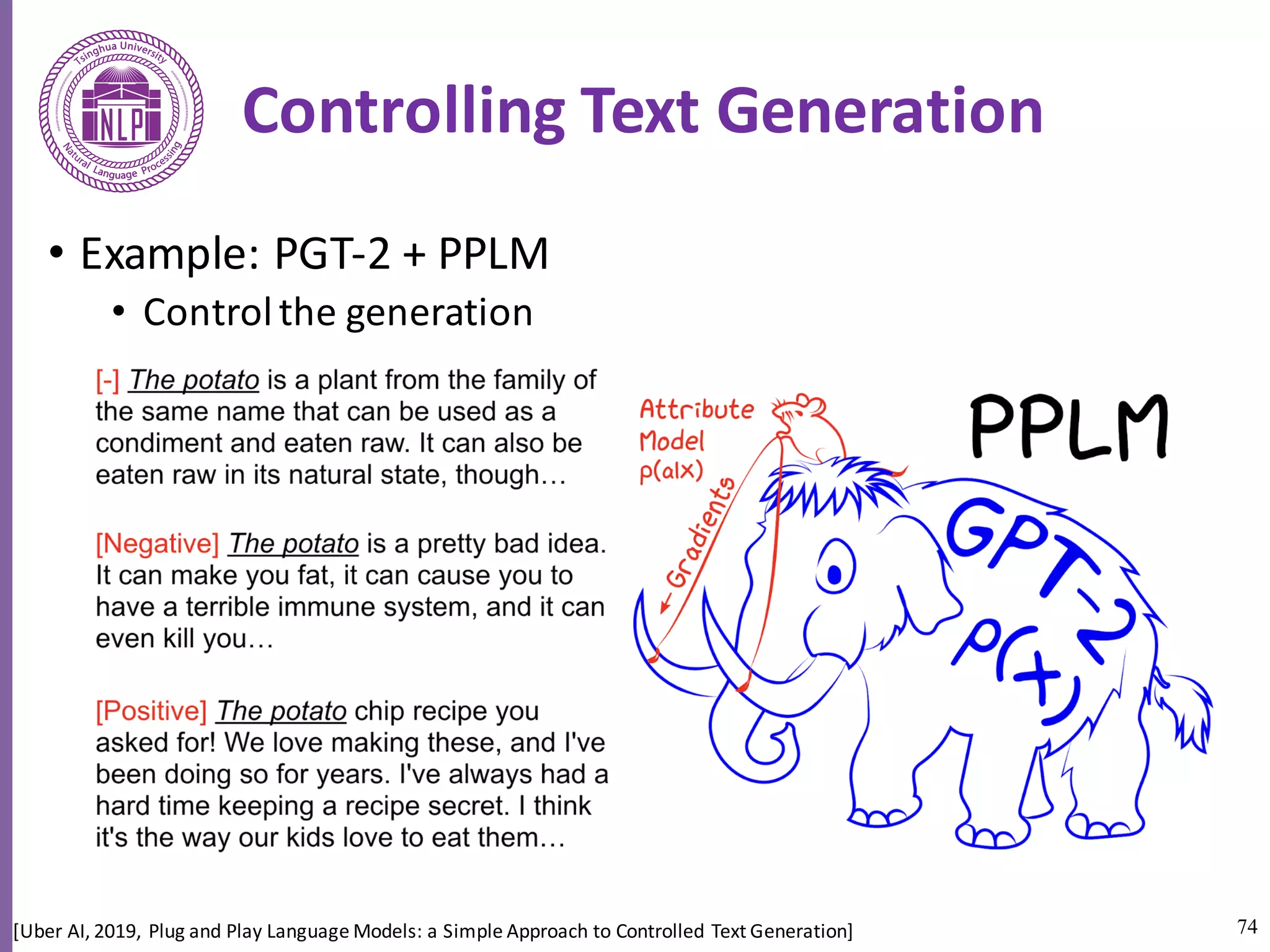74
Controlling	Text	Generation
• Example:	PGT-2	+	PPLM
• Control	the	generation
[Uber	AI,	2019,	Plug	and	Play	Language	Models:	a	Simple	Approach	to	Controlled	Text	Generation]
 