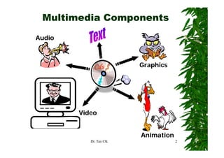 Multimedia Components

Audio



            Cds         Graphics




        Video


                        Animation
                        A i   i
           Dr. Tan CK               2
 