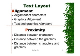 Text Layout
Alignment
 Alignment of characters
 Graphics Alignment
 Text and graphics Alignment

        Proximity
 Distance between characters
 Distance between the graphics
                      g p
 Distance between characters and
 graphics
             Dr. Tan CK            35
 