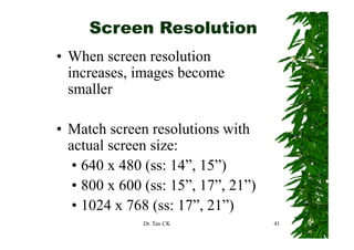Screen Resolution
• When screen resolution
  increases, images become
  i          i      b
  smaller

• M t h screen resolutions with
  Match              l ti      ith
  actual screen size:
   • 640 x 480 (ss: 14”, 15”)
   • 800 x 600 ( 15” 17”, 21”)
               (ss: 15”, 17”
   • 1024 x 768 (ss: 17”, 21”)
      0               7 ,     )
              Dr. Tan CK             41
 