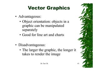 Vector Graphics
• Advantageous:
  • Object orientation: objects in a
    g p
    graphic can be manipulated
                         p
    separately
  • Good for line art and charts

• Disadvantageous:
   i d
  • The larger the graphic, the longer it
            g      g p ,           g
    takes to render the image

                 Dr. Tan CK                 43
 