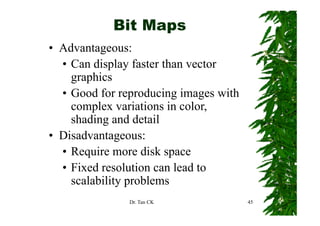 Bit Maps
• Advantageous:
  • C di l faster than vector
    Can display f t th         t
    graphics
  • Good for reproducing images with
    complex variations in color,
    shading and detail
• Disadvantageous:
  • Require more disk space
  • Fi d resolution can lead to
    Fixed      l ti      l dt
    scalability problems
               Dr. Tan CK              45
 