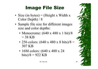 Image File Size
• Size (in bytes) = (Height x Width x
  Color Depth) / 8
• Sample file size for different images
  size and color depths:
   • Monocrome: (640 x 480 x 1 bit)/8
                   (                 )
     = 38 KB
   • 256 colors: (640 x 480 x 8 bits)/8 =
     307 KB
   • 16M colors: (640 x 480 x 24
             l
     bits)/8 = 922 KB
                 Dr. Tan CK                 49
 