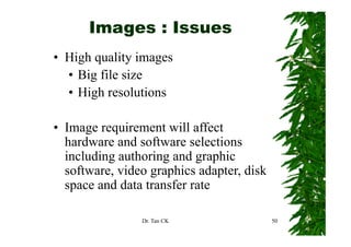 Images : Issues
• High quality images
  • Big file size
  • High resolutions

• I
  Image requirement will affect
             i         ill ff
  hardware and software selections
  including h i
  i l di authoring and graphic
                         d     hi
  software, video graphics adapter, disk
  space and data transfer rate

                Dr. Tan CK                 50
 