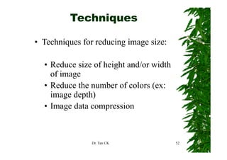 Techniques

• Techniques for reducing image size:

  •R d
    Reduce size of height and/or width
             i   f h i h d/       id h
    of image
  • Reduce the number of colors (ex:
    image depth)
        g    p )
  • Image data compression



                Dr. Tan CK               52
 