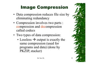 Image Compression
• Data compression reduces file size by
  eliminating redundancy
• Compression involves two parts :
  compression and decompression
  called codecs
• Two types of data compression:
   • Lossless output is exactly the
     same compression (used for
     programs and data) (done by
     PKZIP, stacker)
                Dr. Tan CK                53
 