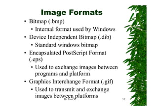 Image Formats
• Bitmap (.bmp)
   • Internal format used by Windows
• Device Independent Bitmap (.dib)
   • S d d windows b...