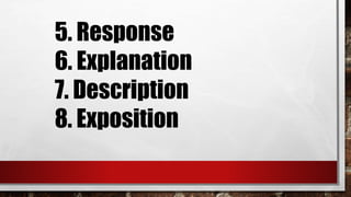 5. Response
6. Explanation
7. Description
8. Exposition