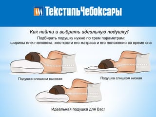 Как найти и выбрать идеальную подушку?
Подбирать подушку нужно по трем параметрам:
ширины плеч человека, жесткости его матраса и его положения во время сна
Подушка слишком высокая Подушка слишком низкая
Идеальная подушка для Вас!
 