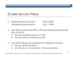 El caso de Loro Piana

           Vestidos de lana de vicuña:                               US $ 23.000
           Vestidos de lana de merino:                               US $ 4.400

           Loro Piana compra entre 60% y 70% de la producción peruana de
           lana de vicuña
                 Se acercó al gobierno peruano en 1992
                 Hizo asociación con textileros peruanos


           Loro Piana financia una asociación de criaderos de vicuñas
                 Hoy hay 180.000 ejemplares *
                 Se estima que en 10 años habrá 1 millón de ejemplares

                                                                                                              56
Fuentes: WSJ, The Economist. (*) Un abrigo requiere 42 esquilas; un animal se puede esquilar cada dos años.
 