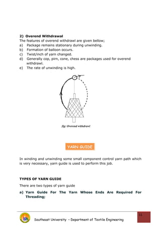 2) Overend Withdrawal
The features of overend withdrawl are given bellow;
a) Package remains stationary during unwinding.
b) Formation of balloon occurs.
c) Twist/inch of yarn changed.
d) Generally cop, pirn, cone, chess are packages used for overend
withdrawl.
e) The rate of unwinding is high.
In winding and unwinding some small component control yarn path which
is very necessary, yarn guide is used to perform this job.
TYPES OF YARN GUIDE
There are two types of yarn guide
a) Yarn Guide For The Yarn Whose Ends Are Required For
Threading;
Southeast University – Department of Textile Engineering
11
YARN GUIDE
 