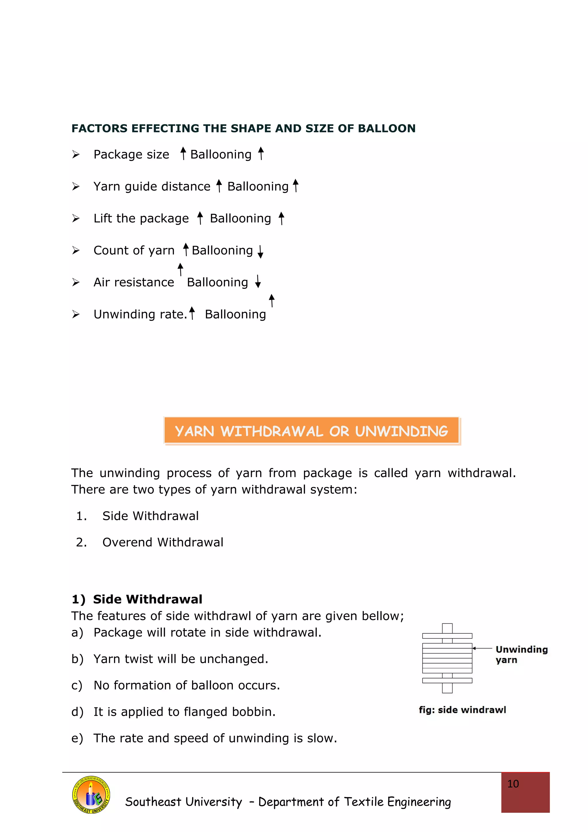 FACTORS EFFECTING THE SHAPE AND SIZE OF BALLOON 
 Package size Ballooning 
 Yarn guide distance Ballooning 
 Lift the package Ballooning 
 Count of yarn Ballooning 
 Air resistance Ballooning 
 Unwinding rate. Ballooning 
The unwinding process of yarn from package is called yarn withdrawal. 
There are two types of yarn withdrawal system: 
1. Side Withdrawal 
2. Overend Withdrawal 
1) Side Withdrawal 
The features of side withdrawl of yarn are given bellow; 
a) Package will rotate in side withdrawal. 
b) Yarn twist will be unchanged. 
c) No formation of balloon occurs. 
d) It is applied to flanged bobbin. 
e) The rate and speed of unwinding is slow. 
Southeast University – Department of Textile Engineering 
10 
YARN WITHDRAWAL OR UNWINDING 
 