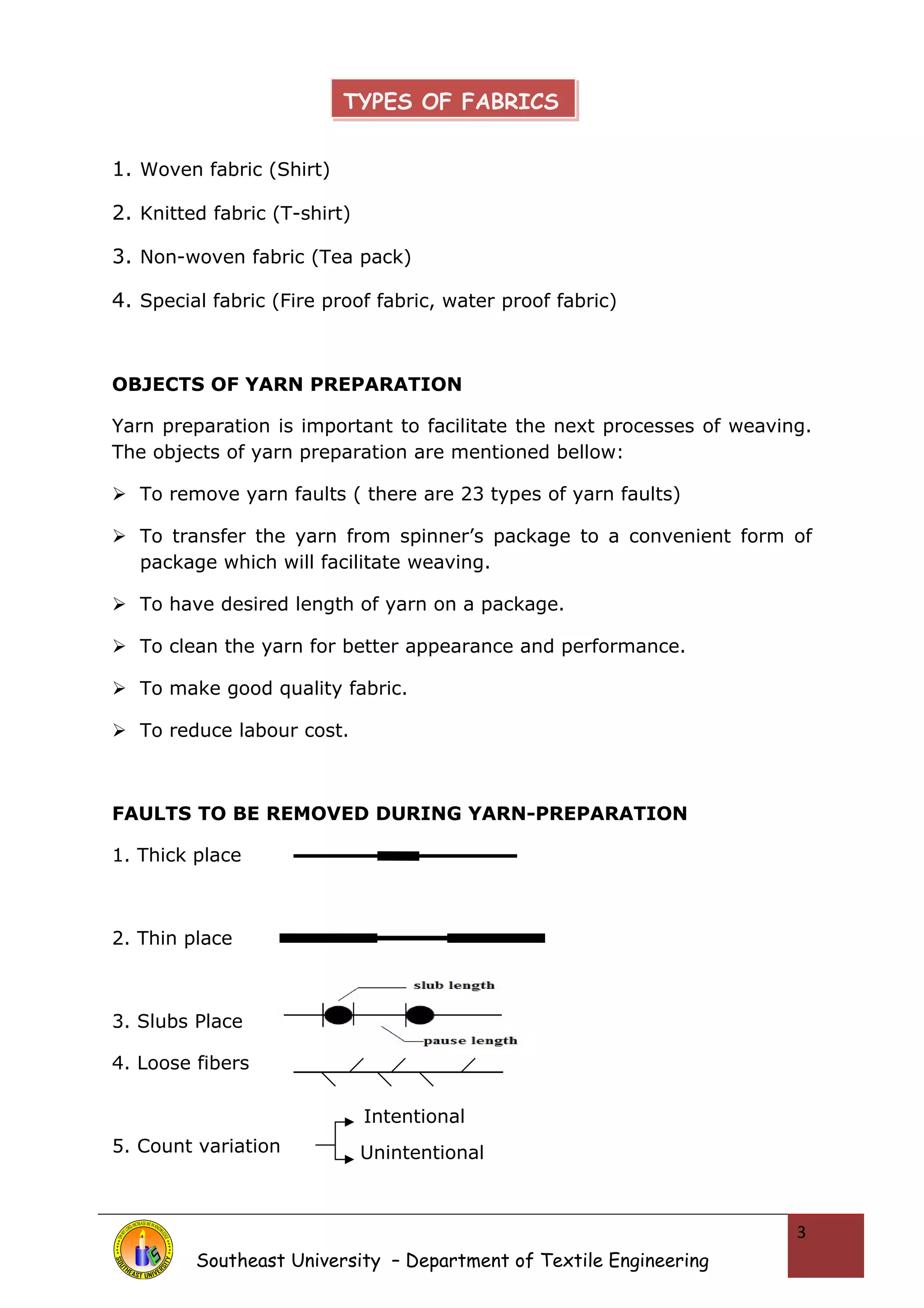 TYPES OF FABRICS 
1. Woven fabric (Shirt) 
2. Knitted fabric (T-shirt) 
3. Non-woven fabric (Tea pack) 
4. Special fabric (Fire proof fabric, water proof fabric) 
OBJECTS OF YARN PREPARATION 
Yarn preparation is important to facilitate the next processes of weaving. 
The objects of yarn preparation are mentioned bellow: 
 To remove yarn faults ( there are 23 types of yarn faults) 
 To transfer the yarn from spinner’s package to a convenient form of 
package which will facilitate weaving. 
 To have desired length of yarn on a package. 
 To clean the yarn for better appearance and performance. 
 To make good quality fabric. 
 To reduce labour cost. 
FAULTS TO BE REMOVED DURING YARN-PREPARATION 
1. Thick place 
2. Thin place 
3. Slubs Place 
4. Loose fibers 
5. Count variation 
Southeast University – Department of Textile Engineering 
3 
Intentional 
Unintentional 
 