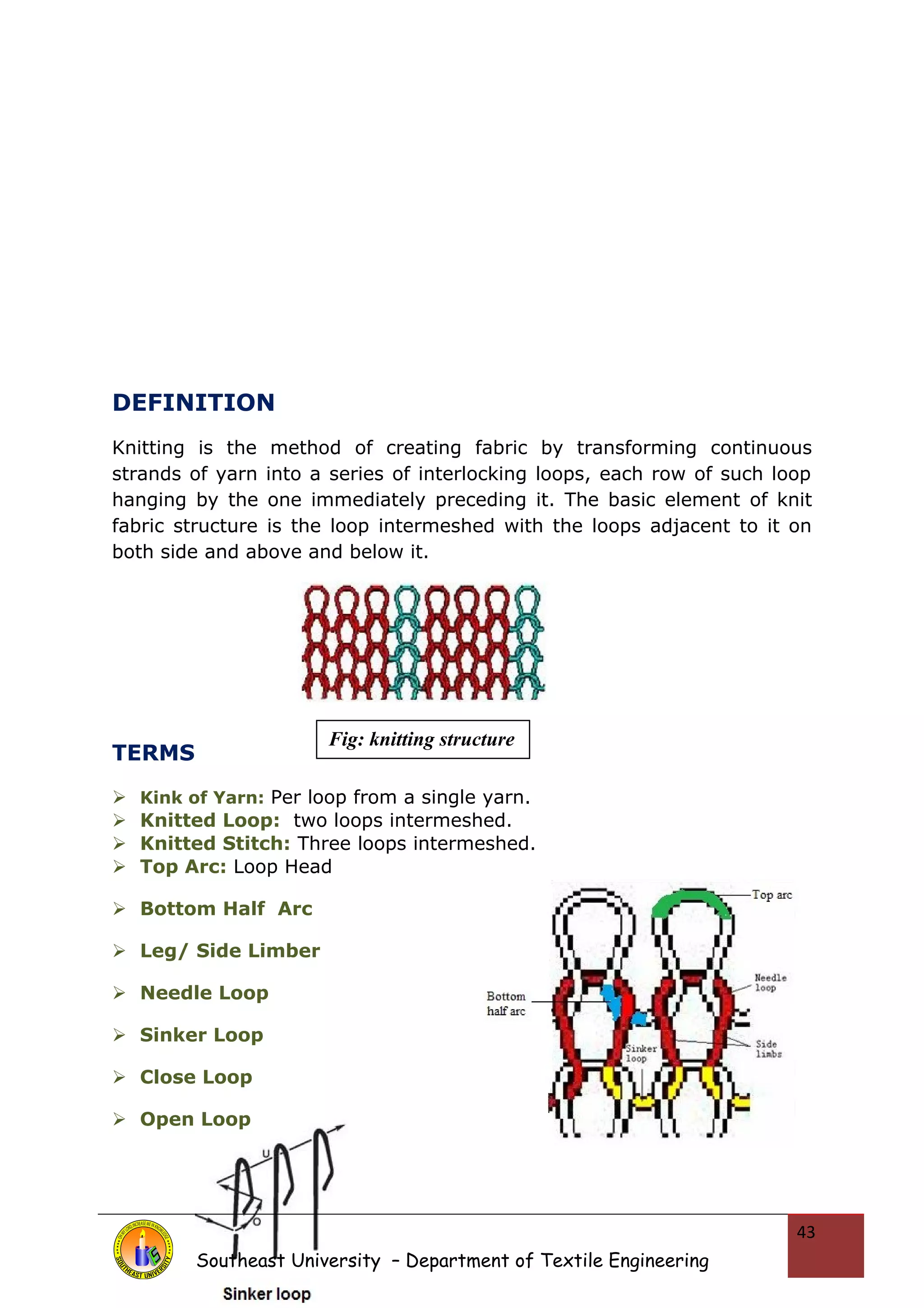 DEFINITION 
Knitting is the method of creating fabric by transforming continuous 
strands of yarn into a series of interlocking loops, each row of such loop 
hanging by the one immediately preceding it. The basic element of knit 
fabric structure is the loop intermeshed with the loops adjacent to it on 
both side and above and below it. 
TERMS 
 Kink of Yarn: Per loop from a single yarn. 
 Knitted Loop: two loops intermeshed. 
 Knitted Stitch: Three loops intermeshed. 
 Top Arc: Loop Head 
 Bottom Half Arc 
 Leg/ Side Limber 
 Needle Loop 
 Sinker Loop 
 Close Loop 
 Open Loop 
Southeast University – Department of Textile Engineering 
43 
Fig: knitting structure 
 