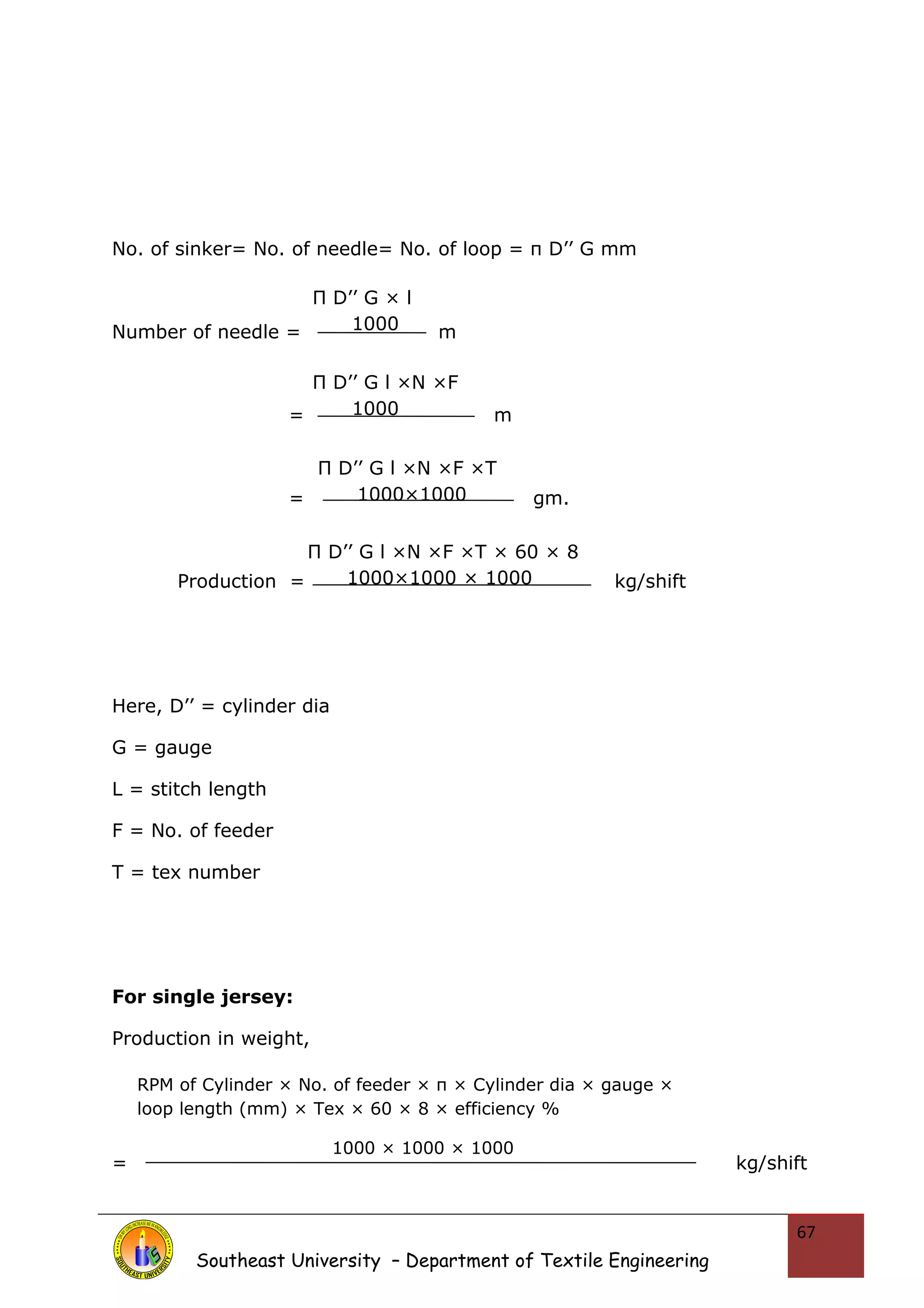No. of sinker= No. of needle= No. of loop = π D’’ G mm 
Number of needle = m 
= m 
= gm. 
Production = = kg/shift 
Here, D’’ = cylinder dia 
G = gauge 
L = stitch length 
F = No. of feeder 
T = tex number 
For single jersey: 
Production in weight, 
= kg/shift 
Southeast University – Department of Textile Engineering 
67 
Π D’’ G × l 
1000 
Π D’’ G l ×N ×F 
1000 
Π D’’ G l ×N ×F ×T 
1000×1000 
Π D’’ G l ×N ×F ×T × 60 × 8 
1000×1000 × 1000 
RPM of Cylinder × No. of feeder × π × Cylinder dia × gauge × 
loop length (mm) × Tex × 60 × 8 × efficiency % 
1000 × 1000 × 1000 
 