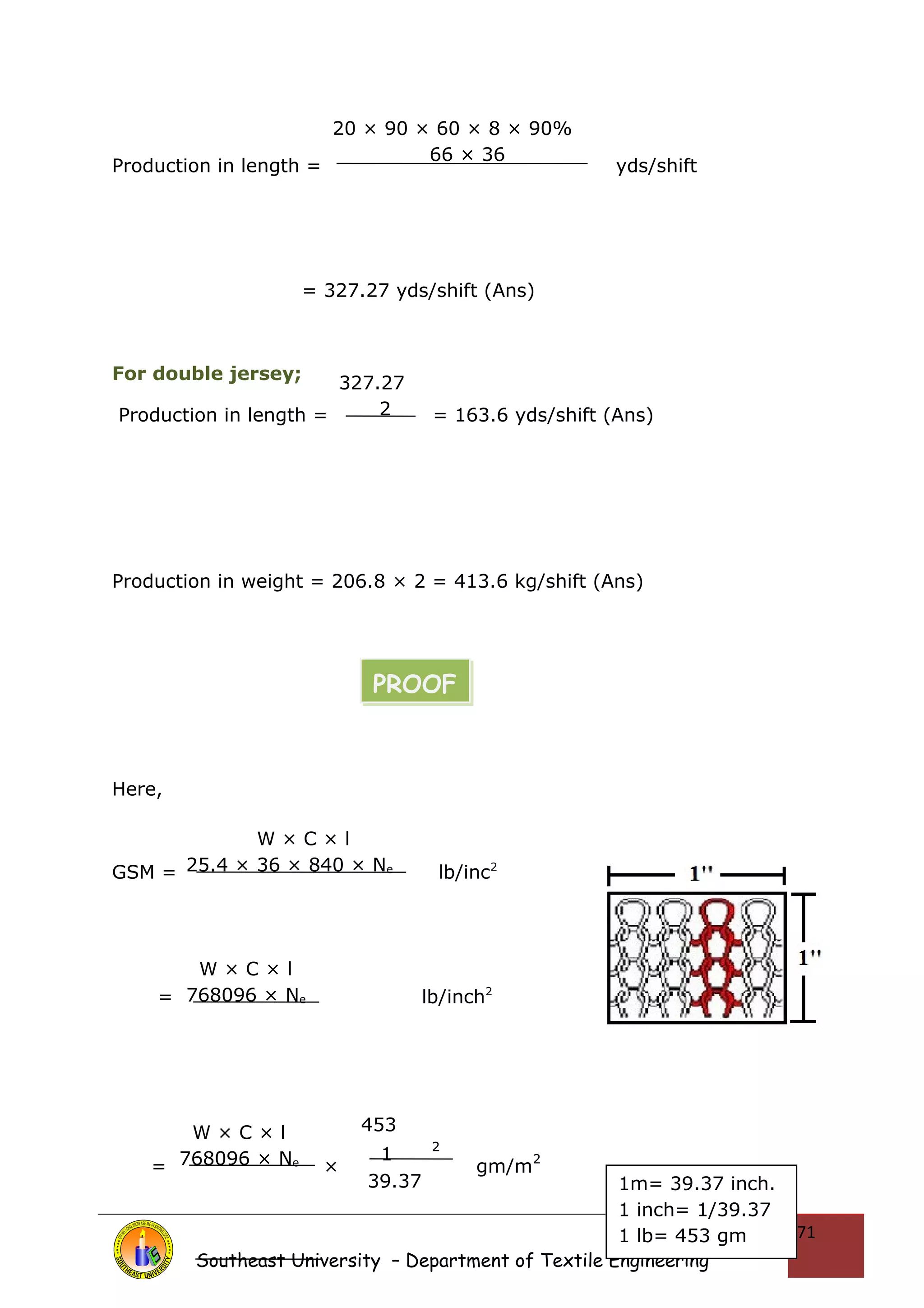 Production in length = yds/shift 
= 327.27 yds/shift (Ans) 
For double jersey; 
Production in length = = 163.6 yds/shift (Ans) 
Production in weight = 206.8 × 2 = 413.6 kg/shift (Ans) 
Here, 
PROOF 
GSM = lb/inc2 
= lb/inch2 
= × gm/m2 
Southeast University – Department of Textile Engineering 
71 
20 × 90 × 60 × 8 × 90% 
66 × 36 
327.27 
2 
W × C × l 
25.4 × 36 × 840 × Ne 
W × C × l 
768096 × Ne 
W × C × l 
768096 × Ne 
453 
1 2 
39.37 
1m= 39.37 inch. 
1 inch= 1/39.37 
1 lb= 453 gm 
 