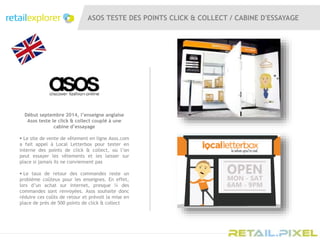 ASOS TESTE DES POINTS CLICK & COLLECT / CABINE D'ESSAYAGE
Début septembre 2014, l’enseigne anglaise
Asos teste le click & collect couplé à une
cabine d’essayage
 Le site de vente de vêtement en ligne Asos.com
a fait appel à Local Letterbox pour tester en
interne des points de click & collect, où l’on
peut essayer les vêtements et les laisser sur
place si jamais ils ne conviennent pas
 Le taux de retour des commandes reste un
problème coûteux pour les enseignes. En effet,
lors d’un achat sur internet, presque ¼ des
commandes sont renvoyées. Asos souhaite donc
réduire ces coûts de retour et prévoit la mise en
place de près de 500 points de click & collect
 