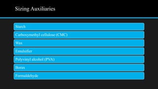 Sizing Auxiliaries
Starch
Carboxymethyl cellulose (CMC)
Wax
Emulsifier
Polyvinyl alcohol (PVA)
Borax
Formaldehyde
 
