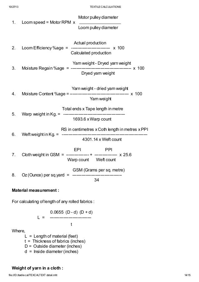Textile calculations