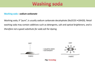 Washing soda - sodium carbonate
Washing soda, if “pure”, is usually sodium carbonate decahydrate (Na2CO3 •10H20). Retail
washing soda may contain additives such as detergents, salt and optical brighteners, and is
therefore not a good substitute for soda ash for dyeing
 