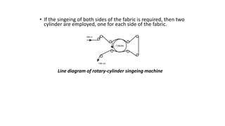 • If the singeing of both sides of the fabric is required, then two
cylinder are employed, one for each side of the fabric.
Line diagram of rotary-cylinder singeing machine
 