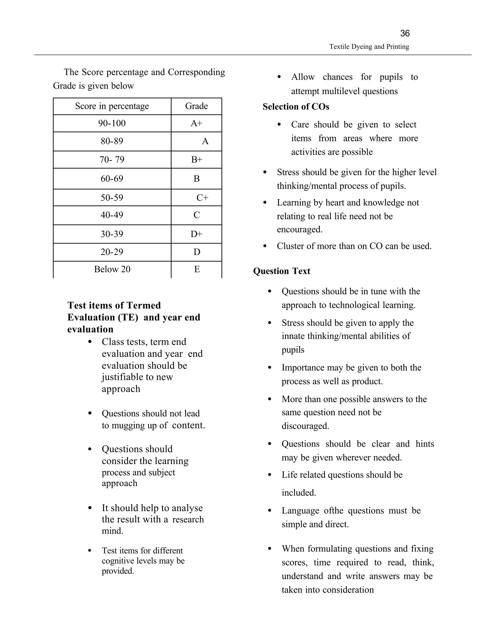 36
                                                                           Textile Dyeing and Printing


  The Score percentage and Corresponding                   •     Allow chances for pupils to
Grade is given below
                                                                 attempt multilevel questions
     Score in percentage                Grade      Selection of COs
            90-100                       A+                •     Care should be given to select
             80-89                           A                   items from areas where more
                                                                 activities are possible
             70- 79                      B+
                                                   •       Stress should be given for the higher level
             60-69                       B
                                                           thinking/mental process of pupils.
             50-59                        C+       •       Learning by heart and knowledge not
             40-49                       C                 relating to real life need not be
                                                           encouraged.
             30-39                       D+
                                                   •       Cluster of more than on CO can be used.
             20-29                       D
            Below 20                     E       Question Text

                                                       •       Questions should be in tune with the
   Test items of Termed                                        approach to technological learning.
   Evaluation (TE) and year end
                                                       •       Stress should be given to apply the
   evaluation
                                                               innate thinking/mental abilities of
        • Class tests, term end
           evaluation and year end                             pupils
           evaluation should be                        •       Importance may be given to both the
           justifiable to new                                  process as well as product.
           approach
                                                       •       More than one possible answers to the
        • Questions should not lead                            same question need not be
          to mugging up of content.                            discouraged.
                                                       •       Questions should be clear and hints
        •    Questions should
             consider the learning                             may be given wherever needed.
             process and subject                       •       Life related questions should be
             approach
                                                               included.
        • It should help to analyse                    •       Language ofthe questions must be
          the result with a research                           simple and direct.
             mind.

        •    Test items for different                  •       When formulating questions and fixing
             cognitive levels may be                           scores, time required to read, think,
             provided.
                                                               understand and write answers may be
                                                               taken into consideration
 