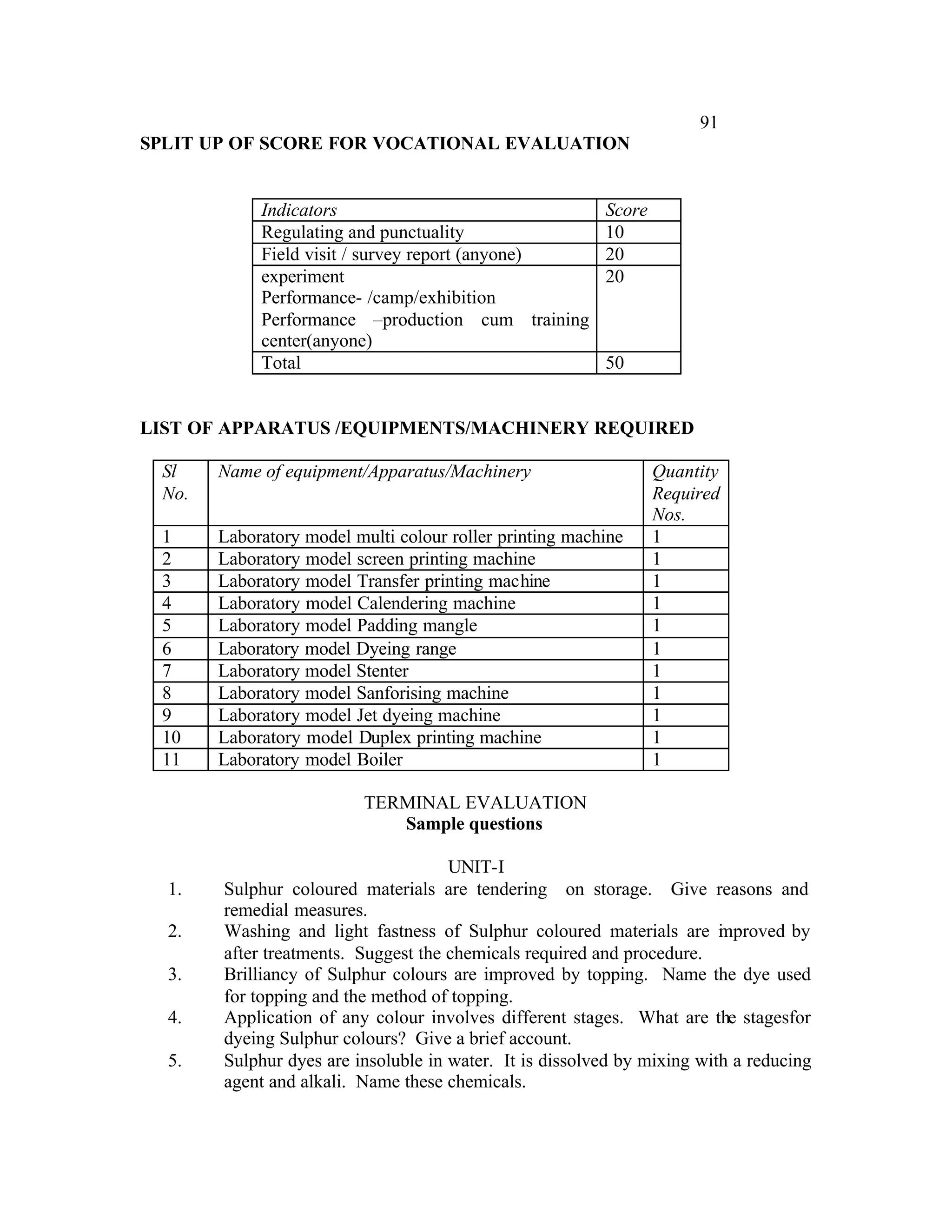 91
SPLIT UP OF SCORE FOR VOCATIONAL EVALUATION


            Indicators                           Score
            Regulating and punctuality           10
            Field visit / survey report (anyone) 20
            experiment                           20
            Performance- /camp/exhibition
            Performance –production cum training
            center(anyone)
            Total                                50


LIST OF APPARATUS /EQUIPMENTS/MACHINERY REQUIRED

 Sl    Name of equipment/Apparatus/Machinery                   Quantity
 No.                                                           Required
                                                               Nos.
 1     Laboratory model multi colour roller printing machine   1
 2     Laboratory model screen printing machine                1
 3     Laboratory model Transfer printing machine              1
 4     Laboratory model Calendering machine                    1
 5     Laboratory model Padding mangle                         1
 6     Laboratory model Dyeing range                           1
 7     Laboratory model Stenter                                1
 8     Laboratory model Sanforising machine                    1
 9     Laboratory model Jet dyeing machine                     1
 10    Laboratory model Duplex printing machine                1
 11    Laboratory model Boiler                                 1

                          TERMINAL EVALUATION
                             Sample questions

                                     UNIT-I
  1.   Sulphur coloured materials are tendering on storage. Give reasons and
       remedial measures.
  2.   Washing and light fastness of Sulphur coloured materials are i proved by
                                                                         m
       after treatments. Suggest the chemicals required and procedure.
  3.   Brilliancy of Sulphur colours are improved by topping. Name the dye used
       for topping and the method of topping.
  4.   Application of any colour involves different stages. What are the stagesfor
       dyeing Sulphur colours? Give a brief account.
  5.   Sulphur dyes are insoluble in water. It is dissolved by mixing with a reducing
       agent and alkali. Name these chemicals.
 