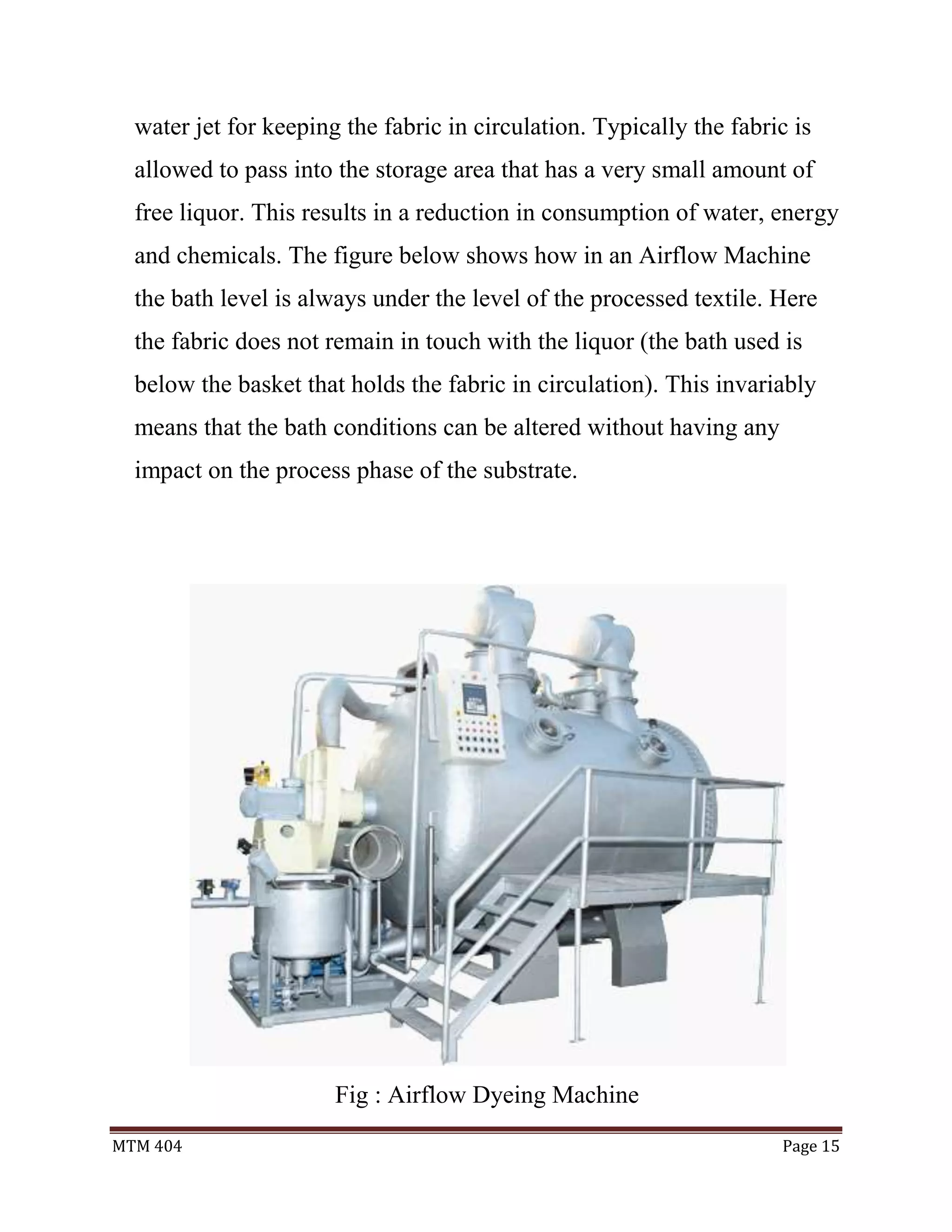 MTM 404 Page 15
water jet for keeping the fabric in circulation. Typically the fabric is
allowed to pass into the storage area that has a very small amount of
free liquor. This results in a reduction in consumption of water, energy
and chemicals. The figure below shows how in an Airflow Machine
the bath level is always under the level of the processed textile. Here
the fabric does not remain in touch with the liquor (the bath used is
below the basket that holds the fabric in circulation). This invariably
means that the bath conditions can be altered without having any
impact on the process phase of the substrate.
Fig : Airflow Dyeing Machine
 