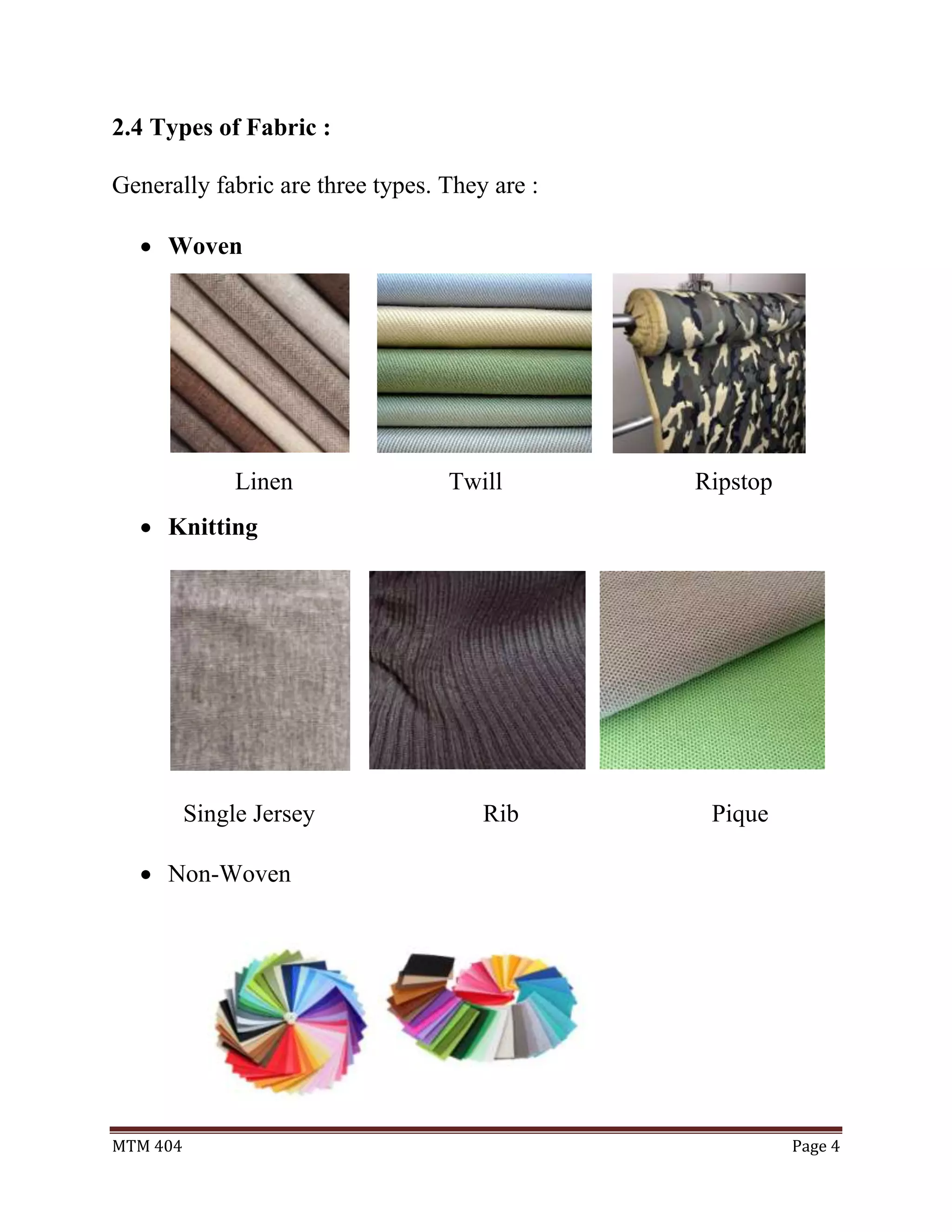 MTM 404 Page 4
2.4 Types of Fabric :
Generally fabric are three types. They are :
 Woven
Linen Twill Ripstop
 Knitting
Single Jersey Rib Pique
 Non-Woven
 