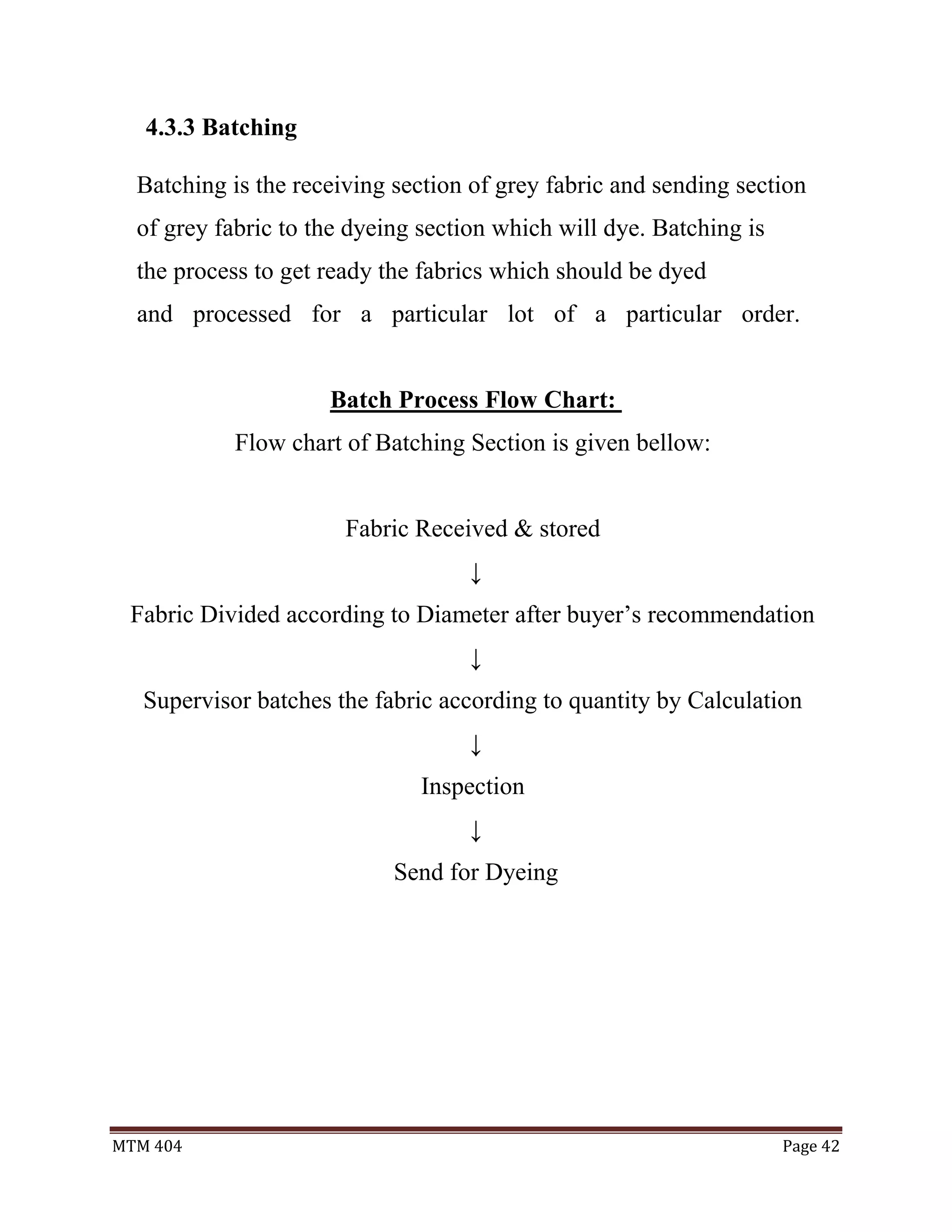 MTM 404 Page 42
4.3.3 Batching
Batching is the receiving section of grey fabric and sending section
of grey fabric to the dyeing section which will dye. Batching is
the process to get ready the fabrics which should be dyed
and processed for a particular lot of a particular order.
Batch Process Flow Chart:
Flow chart of Batching Section is given bellow:
Fabric Received & stored
↓
Fabric Divided according to Diameter after buyer’s recommendation
↓
Supervisor batches the fabric according to quantity by Calculation
↓
Inspection
↓
Send for Dyeing
 