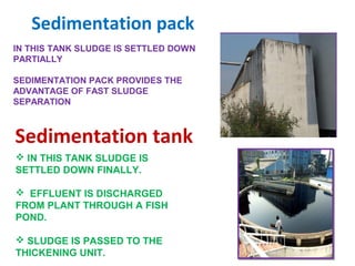 Sedimentation pack
IN THIS TANK SLUDGE IS SETTLED DOWN
PARTIALLY
SEDIMENTATION PACK PROVIDES THE
ADVANTAGE OF FAST SLUDGE
SEPARATION
Sedimentation tank
 IN THIS TANK SLUDGE IS
SETTLED DOWN FINALLY.
 EFFLUENT IS DISCHARGED
FROM PLANT THROUGH A FISH
POND.
 SLUDGE IS PASSED TO THE
THICKENING UNIT.
 