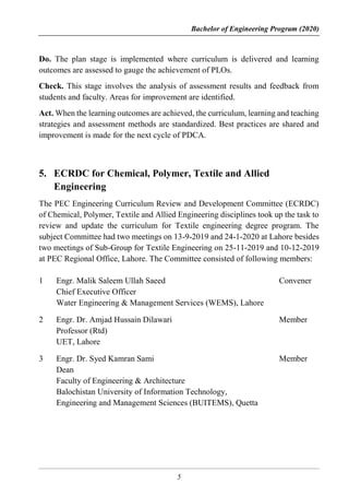 Bachelor of Engineering Program (2020)
5
Do. The plan stage is implemented where curriculum is delivered and learning
outcomes are assessed to gauge the achievement of PLOs.
Check. This stage involves the analysis of assessment results and feedback from
students and faculty. Areas for improvement are identified.
Act. When the learning outcomes are achieved, the curriculum, learning and teaching
strategies and assessment methods are standardized. Best practices are shared and
improvement is made for the next cycle of PDCA.
5. ECRDC for Chemical, Polymer, Textile and Allied
Engineering
The PEC Engineering Curriculum Review and Development Committee (ECRDC)
of Chemical, Polymer, Textile and Allied Engineering disciplines took up the task to
review and update the curriculum for Textile engineering degree program. The
subject Committee had two meetings on 13-9-2019 and 24-1-2020 at Lahore besides
two meetings of Sub-Group for Textile Engineering on 25-11-2019 and 10-12-2019
at PEC Regional Office, Lahore. The Committee consisted of following members:
1 Engr. Malik Saleem Ullah Saeed
Chief Executive Officer
Water Engineering & Management Services (WEMS), Lahore
Convener
2 Engr. Dr. Amjad Hussain Dilawari
Professor (Rtd)
UET, Lahore
Member
3 Engr. Dr. Syed Kamran Sami
Dean
Faculty of Engineering & Architecture
Balochistan University of Information Technology,
Engineering and Management Sciences (BUITEMS), Quetta
Member
 