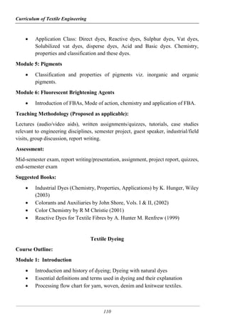 Curriculum of Textile Engineering
110
 Application Class: Direct dyes, Reactive dyes, Sulphur dyes, Vat dyes,
Solubilized vat dyes, disperse dyes, Acid and Basic dyes. Chemistry,
properties and classification and these dyes.
Module 5: Pigments
 Classification and properties of pigments viz. inorganic and organic
pigments.
Module 6: Fluorescent Brightening Agents
 Introduction of FBAs, Mode of action, chemistry and application of FBA.
Teaching Methodology (Proposed as applicable):
Lectures (audio/video aids), written assignments/quizzes, tutorials, case studies
relevant to engineering disciplines, semester project, guest speaker, industrial/field
visits, group discussion, report writing.
Assessment:
Mid-semester exam, report writing/presentation, assignment, project report, quizzes,
end-semester exam
Suggested Books:
 Industrial Dyes (Chemistry, Properties, Applications) by K. Hunger, Wiley
(2003)
 Colorants and Auxiliaries by John Shore, Vols. I & II, (2002)
 Color Chemistry by R M Christie (2001)
 Reactive Dyes for Textile Fibres by A. Hunter M. Renfrew (1999)
Textile Dyeing
Course Outline:
Module 1: Introduction
 Introduction and history of dyeing; Dyeing with natural dyes
 Essential definitions and terms used in dyeing and their explanation
 Processing flow chart for yarn, woven, denim and knitwear textiles.
 