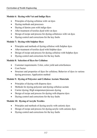 Curriculum of Textile Engineering
112
Module 6: Dyeing with Vat and Indigo Dyes
 Principles of dyeing cellulose with vat dyes
 Dyeing methods and processes
 Dyeing of denim yarn with indigo dyes
 After-treatment of textiles dyed with vat dyes
 Design of recipe and process for dyeing cellulosics with vat dyes
 Dyeing control and corrections for the key faults
Module 7: Dyeing with Sulphur Dyes
 Principles and methods of dyeing cellulose with Sulphur dyes
 After-treatment of textiles dyed with Sulphur dyes
 Design of recipe and process for dyeing cellulose with Sulphur dyes
 Dyeing control and corrections for the key faults
Module 8: Selection of Dyes for Cellulose
 Customer requirements: Color, color yield and colorfastness
 Cost Factor
 Structure and properties of dyes for cellulose; Behavior of dyes in various
dyeing processes; Application method
Module 9: Dyeing of Polyester and Cellulose Acetate Materials
 Principles of dyeing with disperse dyes
 Methods for dyeing polyester and dyeing cellulose acetate
 Carrier dyeing; High temperature/pressure dyeing
 Design of recipe and process for dyeing with disperse dyes
 Dyeing control and corrections for the key faults
Module 10: Dyeing of Acrylic Textiles
 Principles and methods of dyeing acrylic with cationic dyes
 Design of recipe and process for dyeing acrylic with cationic dyes
 Dyeing control and corrections for the key faults
 