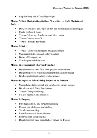 Bachelor of Engineering Program (2020)
121
 Surplice/wrap and off shoulder designs
Module 5: Dart Manipulation, Gather, Pleats, Sleeves, Cuffs Plackets and
Pockets
 Dart, objectives of dart, types of dart and its manipulation techniques
 Pleats, Gathers & flares
 Types of pleats and development of pleat cluster
 Types of sleeves & cuffs
 Types of plackets & Pockets
Module 6: Skirts
 Types of skirts with respect to design and length
 Measurements to construct a skirt’s pattern
 Basics of Skirt patterns
 Skirt lengths and silhouettes
Module 7: Measurement Chart and Grading
 Development of chart for a sewn product measurement
 Developing before-wash measurements for a denim trouser
 Grading and manual pattern grading process
Module 8: Impact of Fabric/Lining Properties on Patterns
 Manipulating fabric stretch and shrinkage in pattern making
 Dart-less stretch fabric foundations
 Types of lining/interlining
 Cut-out necklines and armholes
Module 9: Draping
 Introduction to 2D and 3D pattern making
 Comparison of draping and drafting
 Sketch understanding
 Identification of different elements
 Pattern design using draping
 Development of basic dress (ladies) pattern by draping
 