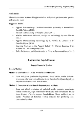 Bachelor of Engineering Program (2020)
139
Assessment:
Mid-semester exam, report writing/presentation, assignment, project report, quizzes,
end-semester exam
Suggested Books:
 Apparel Merchandising: The Line Starts Here by Jeremy A. Rosenau and
David L. Wilson (2010)
 Fashion Merchandising by Virginia Grose (2011).
 Textiles and Fashion Materials, Design and Technology by Rose Sinclair
(2014)
 Apparel Manufacturing Technology by T. Karthik, P. Ganesan & D.
Gopalakrishnan (2016).
 Sourcing Practices in the Apparel Industry by Marlon Lezama, Brian
Webber and Charles Dagher (2004).
 Rules for Sourcing and Manufacturing in China by Rosemary Coates (2013)
Engineering Depth Courses
Recent Trends in Textiles
Course Outline:
Module 1: Conventional Textile Products and Markets:
 Local and global production in garments, home textiles, denim products,
towels and other conventional textile items. Exports of textile products from
Pakistan. Global and local market trends.
Module 2: Non-conventional Textile Products and Markets:
 Local and global production of technical textile products, nonwovens,
textile composites, high performance fibers and non-conventional textile
items. Exports of textile products from Pakistan. Global and local market
trends. Potential of Pakistan Textile Industry for producing non-
conventional textiles
 