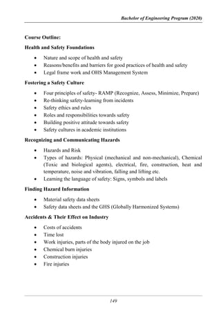 Bachelor of Engineering Program (2020)
149
Course Outline:
Health and Safety Foundations
 Nature and scope of health and safety
 Reasons/benefits and barriers for good practices of health and safety
 Legal frame work and OHS Management System
Fostering a Safety Culture
 Four principles of safety- RAMP (Recognize, Assess, Minimize, Prepare)
 Re-thinking safety-learning from incidents
 Safety ethics and rules
 Roles and responsibilities towards safety
 Building positive attitude towards safety
 Safety cultures in academic institutions
Recognizing and Communicating Hazards
 Hazards and Risk
 Types of hazards: Physical (mechanical and non-mechanical), Chemical
(Toxic and biological agents), electrical, fire, construction, heat and
temperature, noise and vibration, falling and lifting etc.
 Learning the language of safety: Signs, symbols and labels
Finding Hazard Information
 Material safety data sheets
 Safety data sheets and the GHS (Globally Harmonized Systems)
Accidents & Their Effect on Industry
 Costs of accidents
 Time lost
 Work injuries, parts of the body injured on the job
 Chemical burn injuries
 Construction injuries
 Fire injuries
 