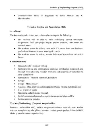 Bachelor of Engineering Program (2020)
155
 Communication Skills for Engineers by Sunita Marshal and C.
Muralikrishna
Technical Writing and Presentation Skills
Area Scope:
The knowledge units in this area collectively encompass the following:
 The students will be able to write technically correct statements,
assignments, final year project report, project proposal, short report and
research paper
 The students would be able to their write CV, cover letter and business/
professional Correspondence meeting all criteria
 The students would be able to present their work/ research at a technical
forum.
Course Outlines:
 Introduction to Technical writing
 Proposal write-up and improvement strategies Introduction to research and
research types choosing research problems and research advisors How to
carry out research
 Formulation – Problem statement, Literature
 Review
 Design - Methodology
 Analysis - Data analysis and interpretation Good writing style techniques
 Uses of correct words
 Presenting and publishing research
 Write business/professional correspondence, cover letter and CV
 Writing meeting minutes
Teaching Methodology (Proposed as applicable):
Lectures (audio/video aids), written assignments/quizzes, tutorials, case studies
relevant to engineering disciplines, semester project, guest speaker, industrial/field
visits, group discussion, report writing
 