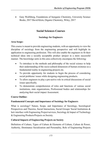 Bachelor of Engineering Program (2020)
175
 Gary Wulfsberg, Foundations of Inorganic Chemistry, University Science
Books, 2017 David Klein, Organic Chemistry, Wiley, 2017
Social Sciences Courses
Sociology for Engineers
Area Scope:
This course is meant to provide engineering students, with an opportunity to view the
discipline of sociology from the engineering perspective and will highlight its
application to engineering profession. This will also enable the engineers to fit their
technical ideas into a socially acceptable product /project in a more successful
manner. The knowledge units in this area collectively encompass the following:
 To introduce to the methods and philosophy of the social science to help
their understanding of the socio-cultural dimension of human existence as a
fundamental reality in engineering projects etc.
 To provide opportunity for students to begin the process of considering
social problems/ issues while designing engineering products.
 To allow engineers to play a pro-active role in critical discussions of social
issues specifically.
 To demonstrate comprehension of roles and functions of various social
institutions, state organizations, Professional bodies and relationships for
analyzing their social impact Assessment.
Course Outline:
Fundamental Concepts and Importance of Sociology for Engineers
What is sociology? Nature, Scope, and Importance of Sociology, Sociological
Perspectives and Theories, Social Interactions, Social Groups/ Social Institutions &
heir interface with Engineering Project/services, Sociology & Impact of Technology
& Engineering Products/Projects on Society.
Cultural Impacts of Engineering Projects on Society
Definition of Culture, Types of Culture & Elements of Culture, Culture & Power,
Authority, Dominance Socialization and Personality, Role of Engineering Projects
 